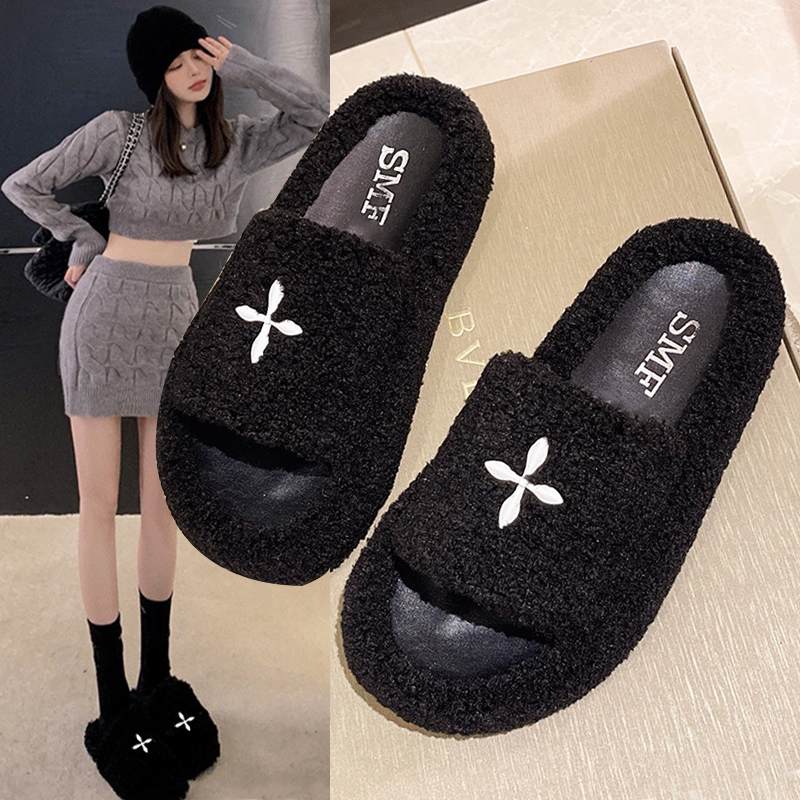 外穿十字花毛毛拖鞋女爆款厚底一字拖2024网红秋百搭平底新款棉拖