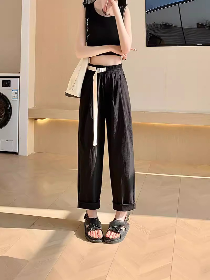 American Style Overalls Women's Spring and Summer New Commuter Straight Casual Pants Slim Loose Waistband Pants High Waist Pure Color Pants