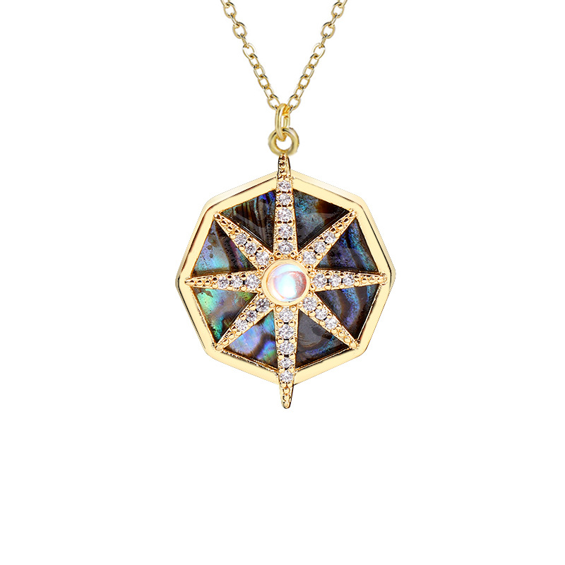 欧美八芒星罗盘造型项链女时尚经典镶嵌白贝母黑玛瑙吊坠锁骨链