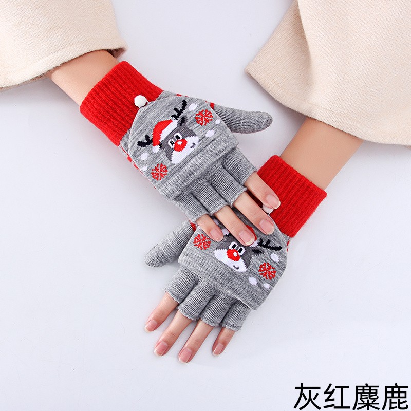 Christmas Gloves for Women Winter Half Finger Flip Cold-Proof Thermal Knitting Wool Cute Cartoon Open Finger Students Wholesale