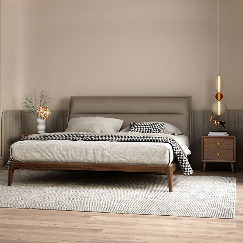 意式极简白蜡木框架软包皮床现代简约实木床双人床北欧卧室真皮床