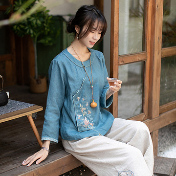 s22cs40春季衬衫复古中国风长袖亚麻上衣t恤女装民族风刺绣茶服