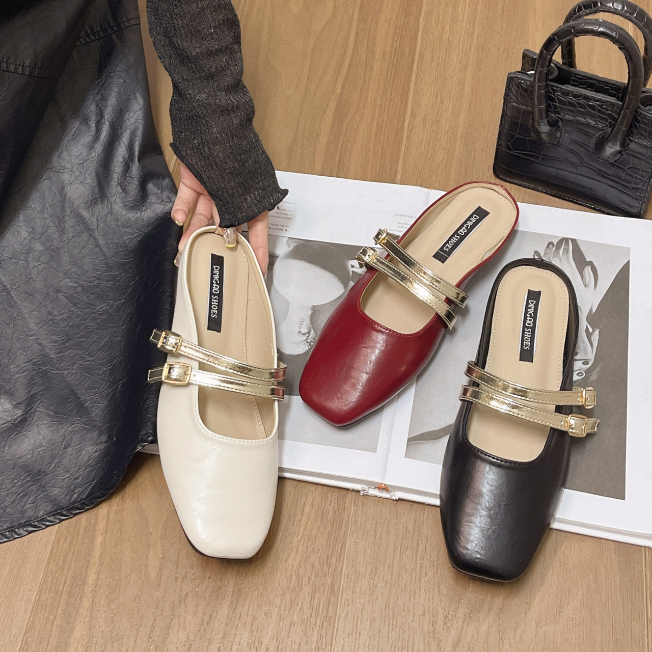 法式包头半拖鞋女夏2024年新款春秋鞋子平底懒人半托一脚蹬穆勒鞋