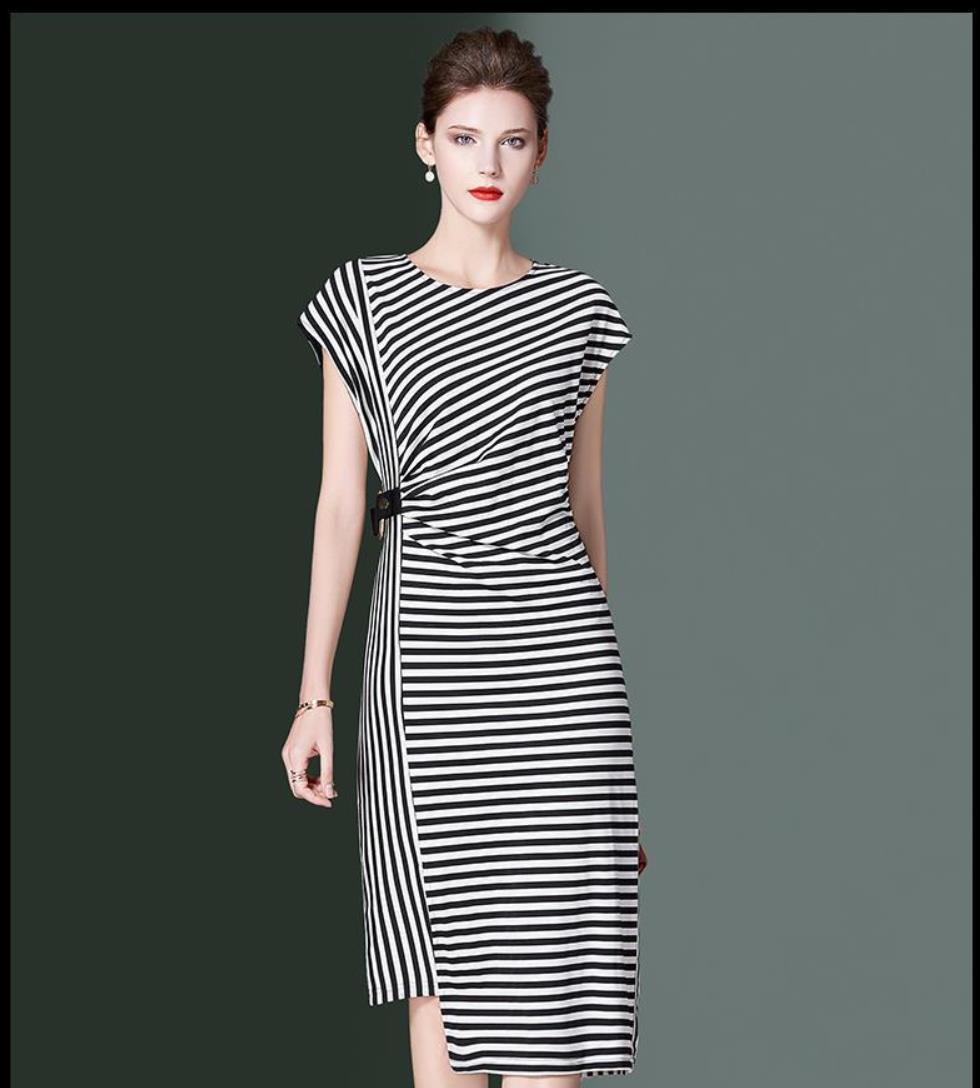 海青蓝修身轻熟风气质条纹连衣裙女中长款2022夏季新款不规则裙子