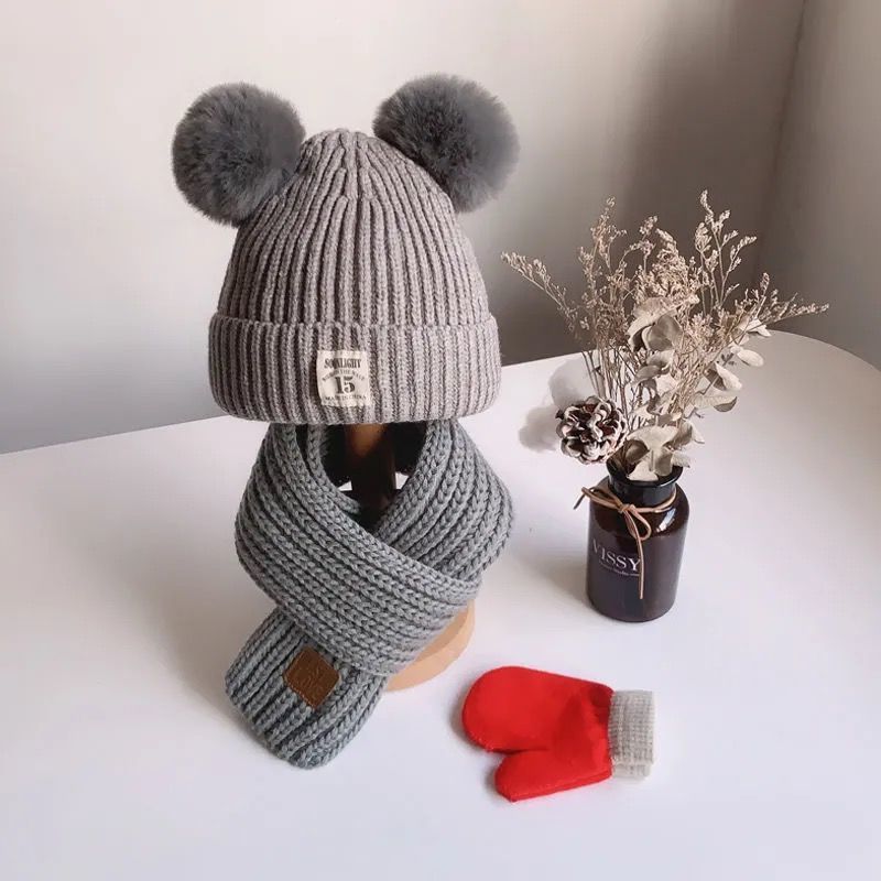 帽子围巾三件套宝宝秋冬季男女童帽子手套婴儿保暖可爱针织毛线帽