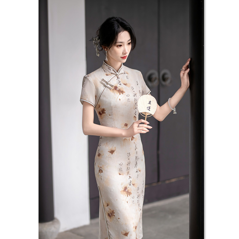 复古国风中长款双层短袖旗袍2024春夏新款中老年女士小个子旗袍裙