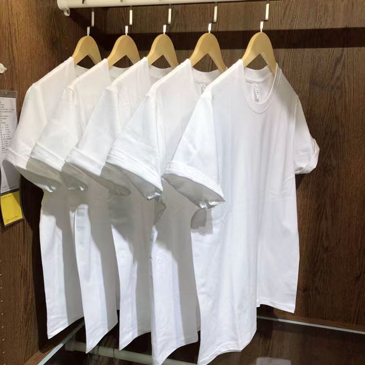 2023 Pure Cotton Hot Sale 220G Xinjiang Cotton Two Needles Thick and Opaque Men‘s Short Sleeve Pure White round Neck T-shirt Women‘s Loose