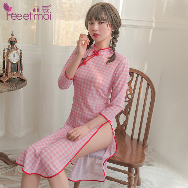 霏慕情趣内衣性感格子民国学生雪纺透视旗袍装高开叉批发代发7937