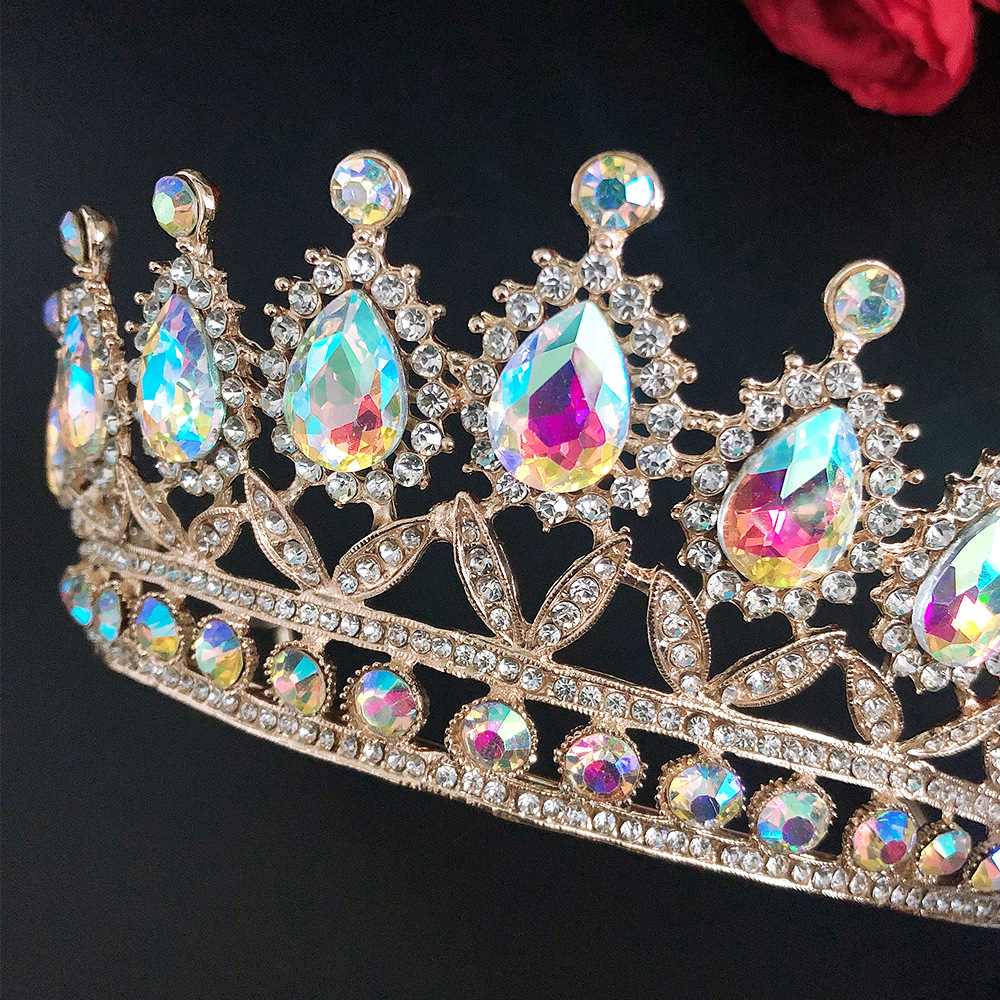 彩色新款新娘皇冠水滴镶钻公主王冠演出生日头饰婚纱礼服配饰皇冠