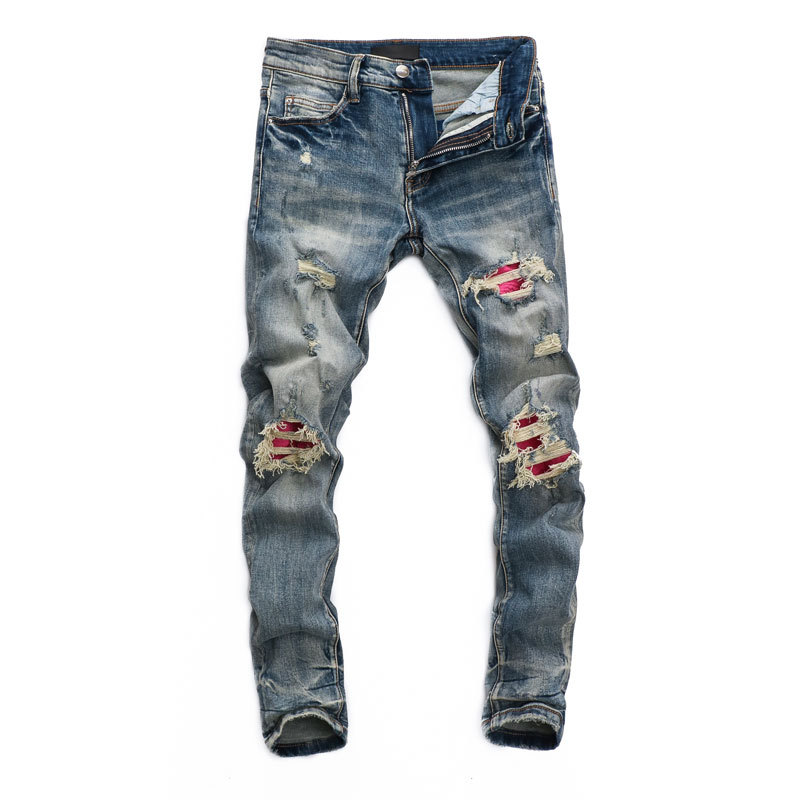 High-End and Fashionable Ripped Jeans Men's Fashion Brand Retro Slim Fit Skinny Light Color Trendy European Station Denim Trousers Men
