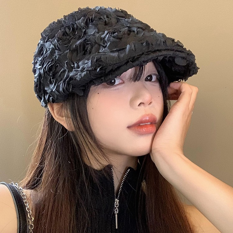 韩国小众感立体玫瑰花朵前进帽女复古凹造型画家帽子贝雷帽潮