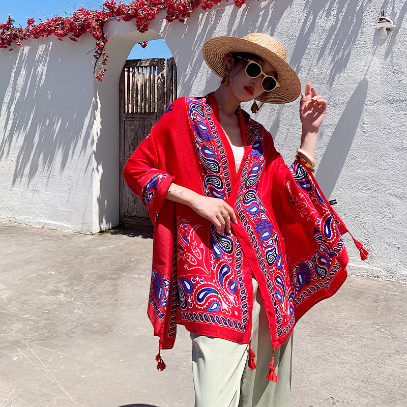 Ethnic Style Shawl Scarf Dual-Use Sun Protection by the Sea Beach Scarf Red Large Gauze Scarf Female Desert Travel Photography Summer