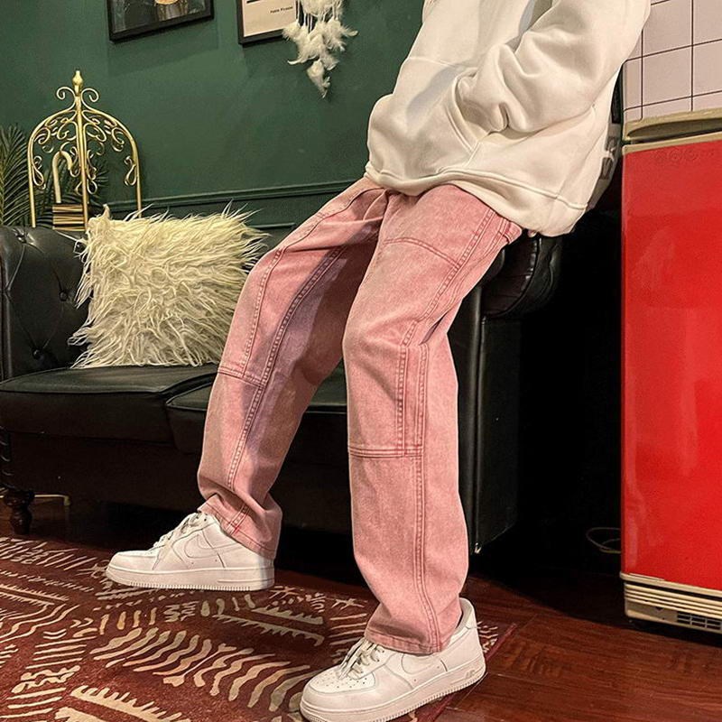 高街牛仔裤男直筒宽松夏季痞帅粉色裤子美式oversize阔腿工装裤潮