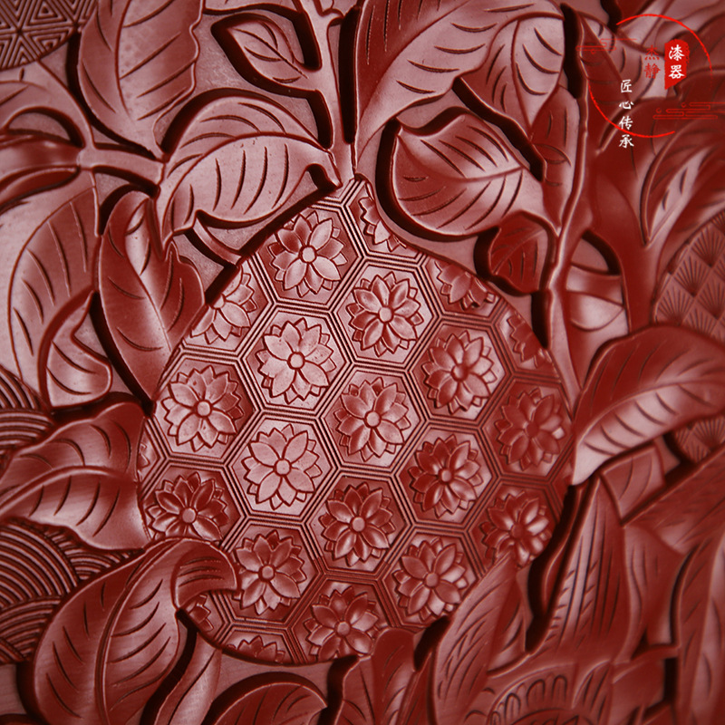 漆器扬州特色纪念脱胎剔红漆雕工艺摆件朱砂方型寿桃摆盘子漆雕