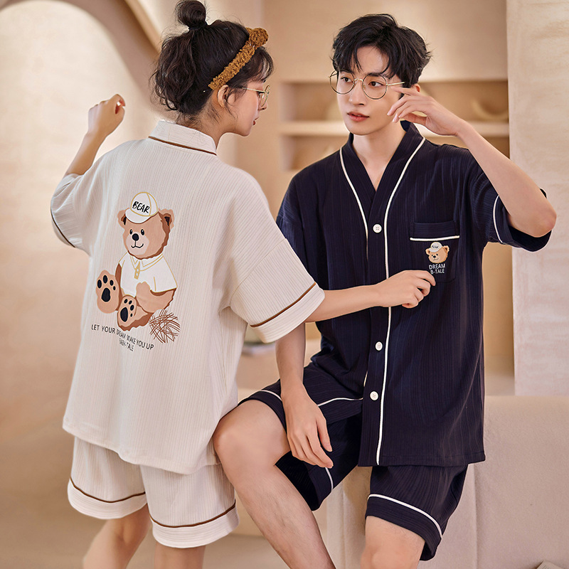 Chun Baifen Cute Couple Pajamas Women's Summer Short Sleeve Shorts Cardigan Men Leisure Set Homewear Can Be Worn outside