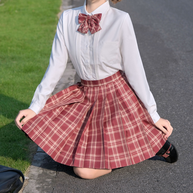 苋红现货校供酒红成品布jk格裙同格学院风女优等生中长款百褶短裙