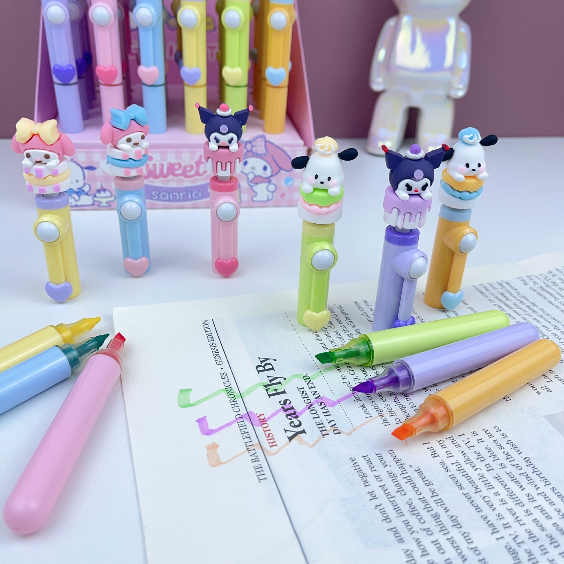 外贸三丽鸥6色转转荧光笔库洛米可爱造型儿童解压记号笔手账彩笔