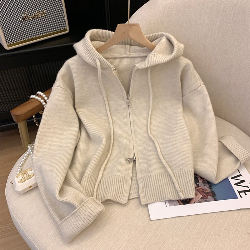 long sleeve hooded outer loose sweater women‘s zipper sweater autumn and winter new thickened western style bottoming shirt top