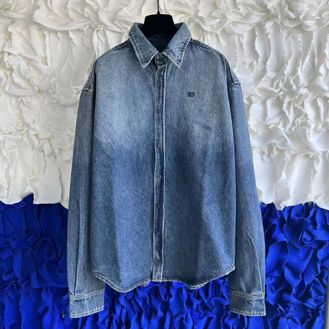 b家胸前bb双b字母刺绣logo牛仔衬衫衬衣休闲宽松外套水洗蓝色