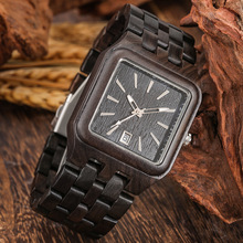 新款黑檀木手表 创意方形日历木质男士时尚个性石英手表 一件代发