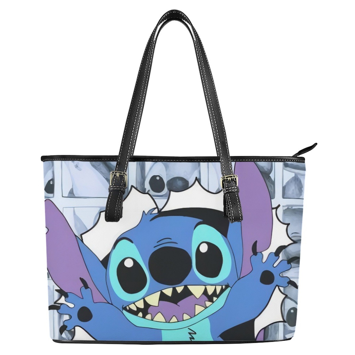 外贸独立站动漫史迪奇印花可定 制图案logo女士托特包单肩pu包