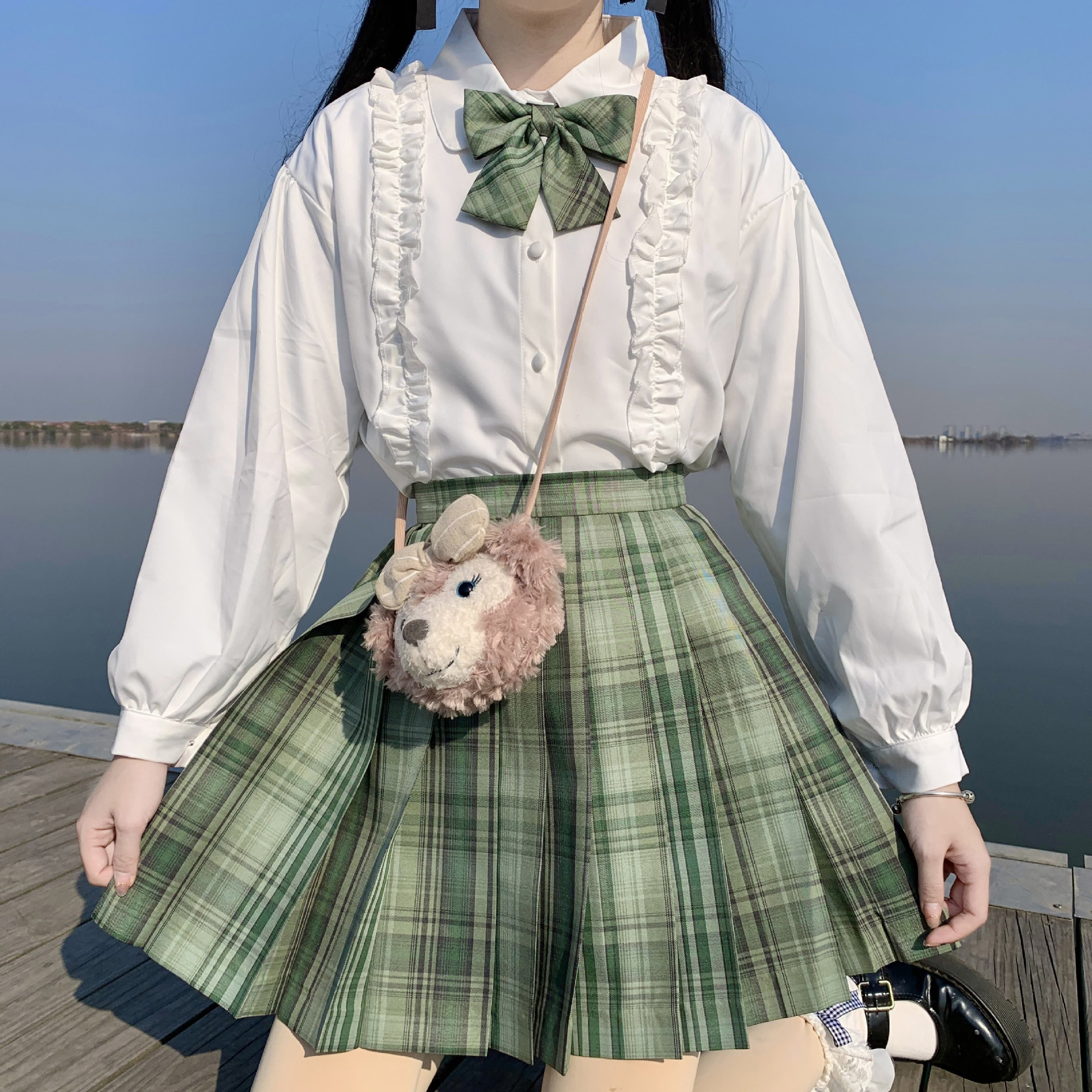 实拍现货 竹取 jk格裙制服裙 泡泡袖木耳边衬衣套装