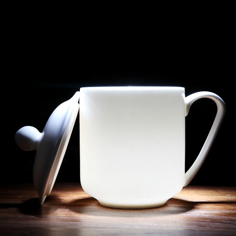 白瓷带盖办公个人杯纯白过滤大水杯茶杯商务陶瓷马克杯可定刻logo