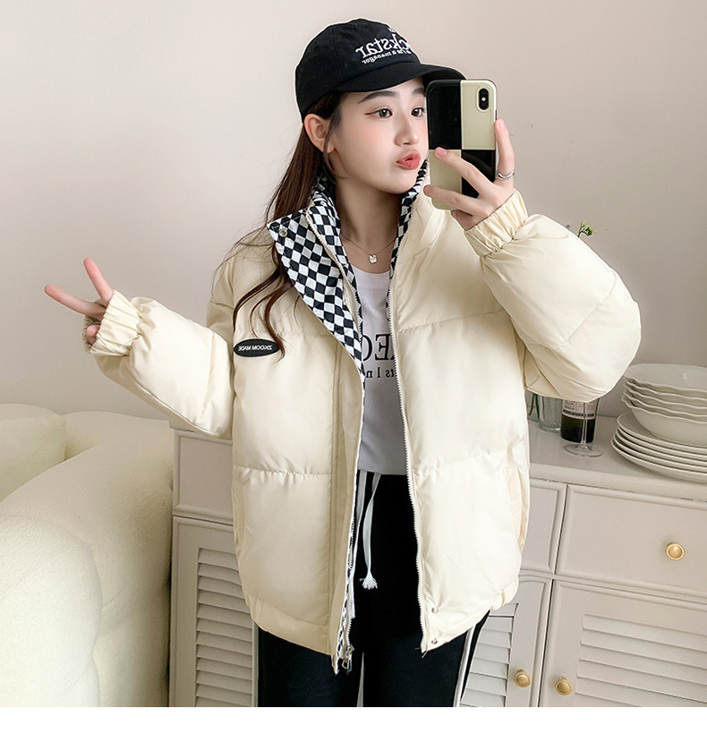 2023 Winter New Chessboard Plaid down Cotton-Padded Jacket Women's Loose BF Style Stand Collar Short Cotton Coat Cotton-Padded Jacket Thickened Puffer Jacket