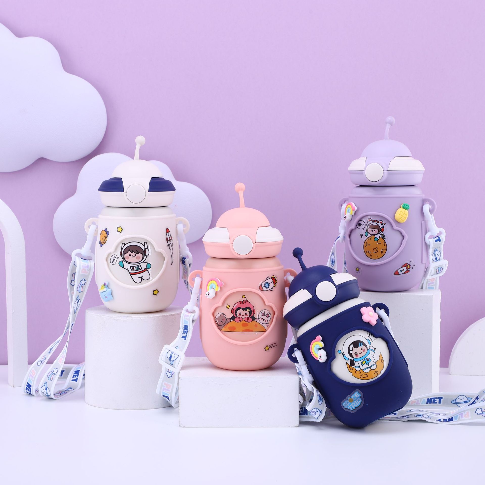 网红316不锈钢儿童保温杯可爱小飞碟弹跳杯男女童吊带卡通吸管杯