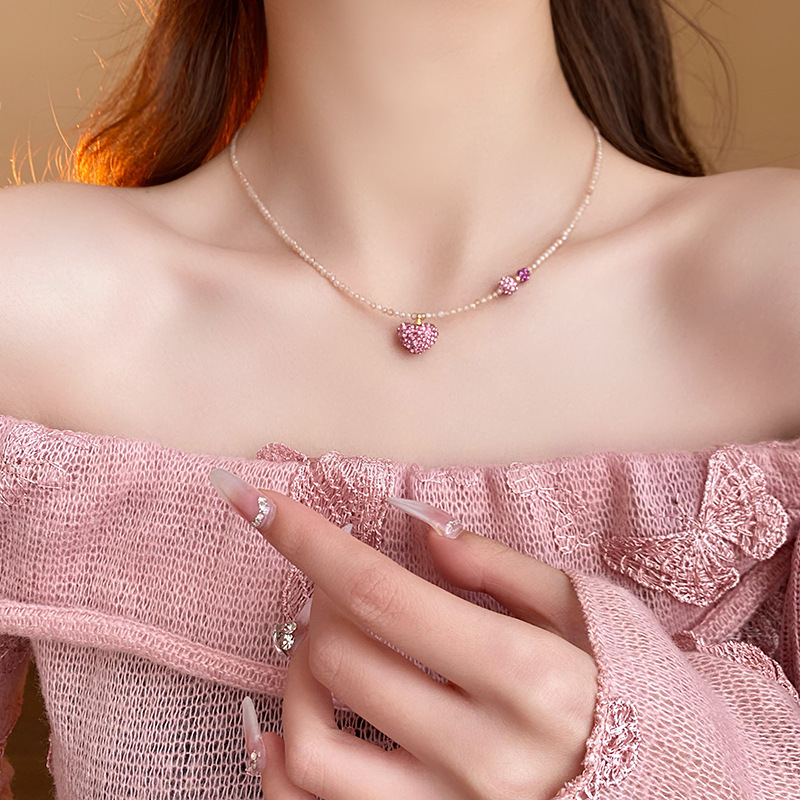 Internet Celebrity Sweet Pink Love Crystal Necklace Fashion Girl Heart Clavicle Chain Light Luxury All-Match High Sense Necklace Women