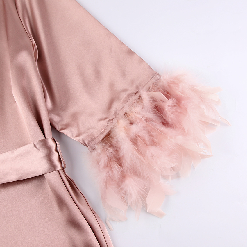 2023 Summer European and American Style Pajamas Pink Feather Short Nightgown Fashion Bridesmaid Dress Ostrich Feather Satin Home Wear for Women