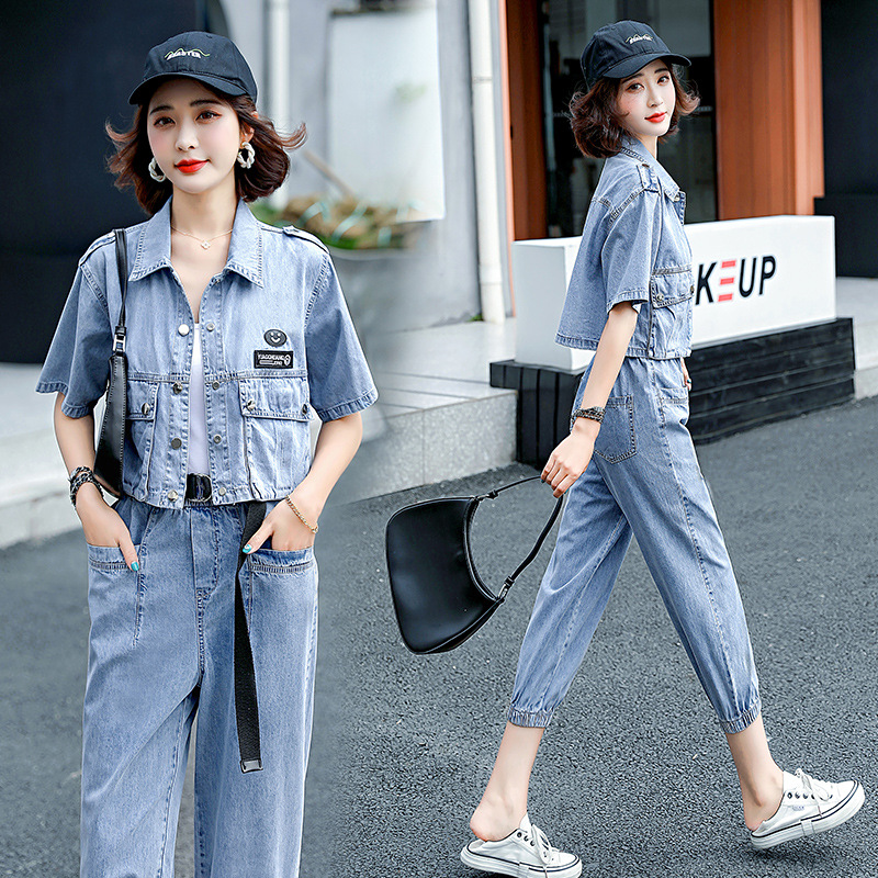 夏季薄款牛仔裤两件套女2021年新款潮流时尚个性气质休闲减龄套装