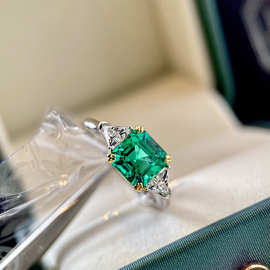 人工培育祖母绿戒指方形钻戒女ins时尚个性s925银镀金绿宝石指环