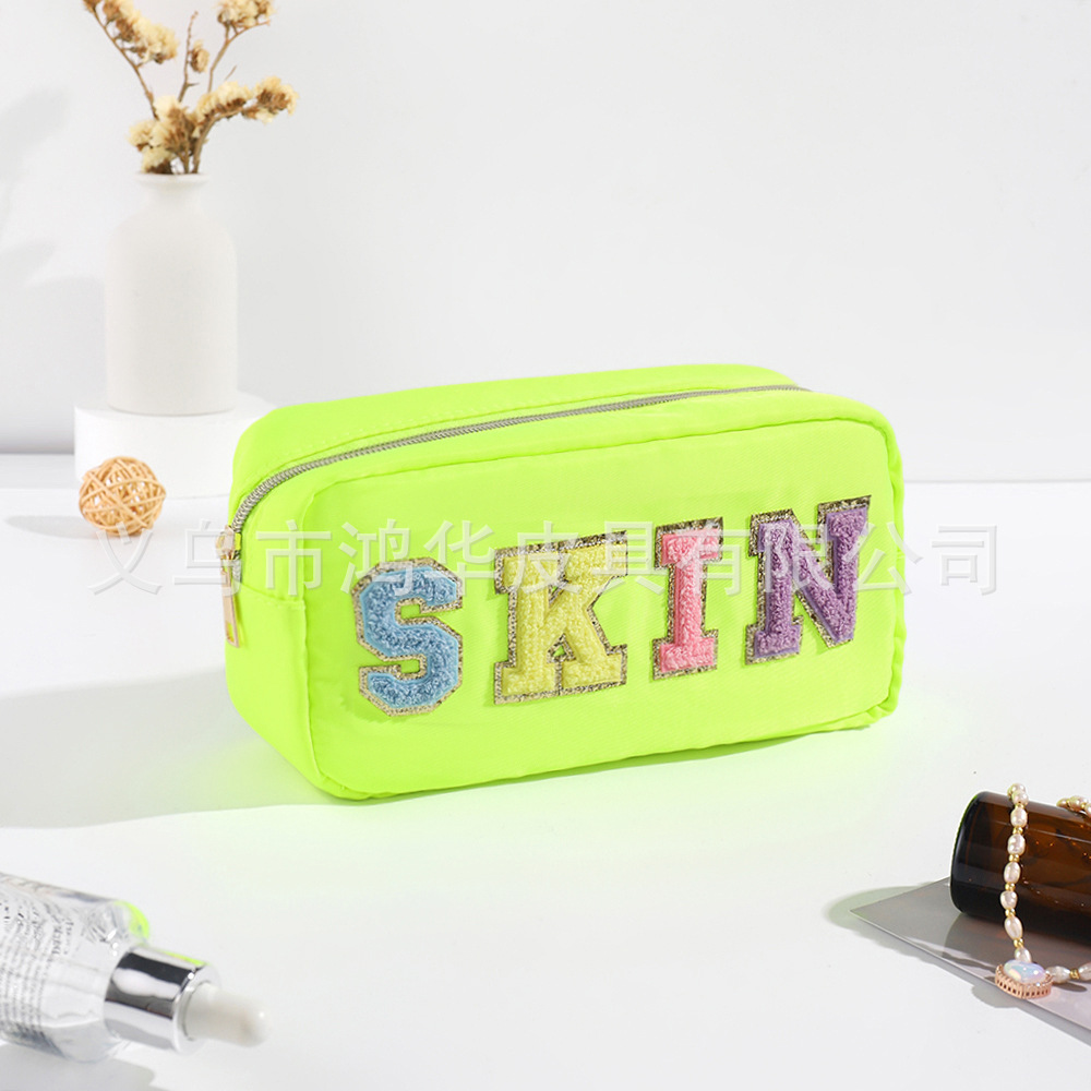 Factory Direct Supply Fashion Solid Color Towel Embroidery Nylon Lettered Make-up Bag Women's Casual Waterproof Large Capacity Storage Bag