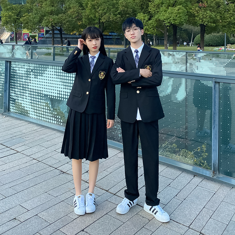 中学生高中生毕业季校服班服夏季学院风百褶裙黑西装学生装套装