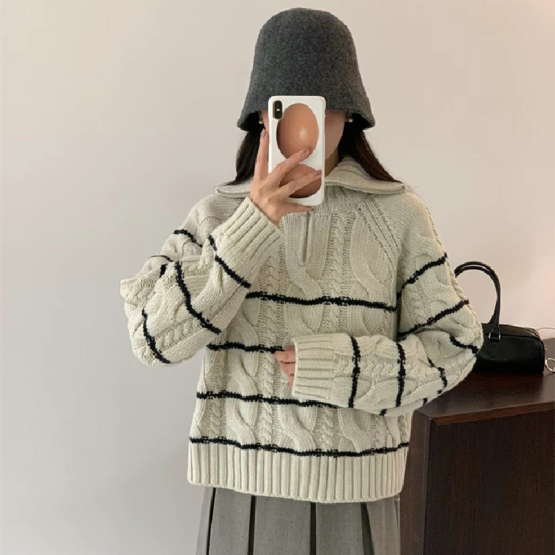 【现货】2023年秋季新款韩国eg*g翻领半拉链宽松羊毛针织衫女毛衣