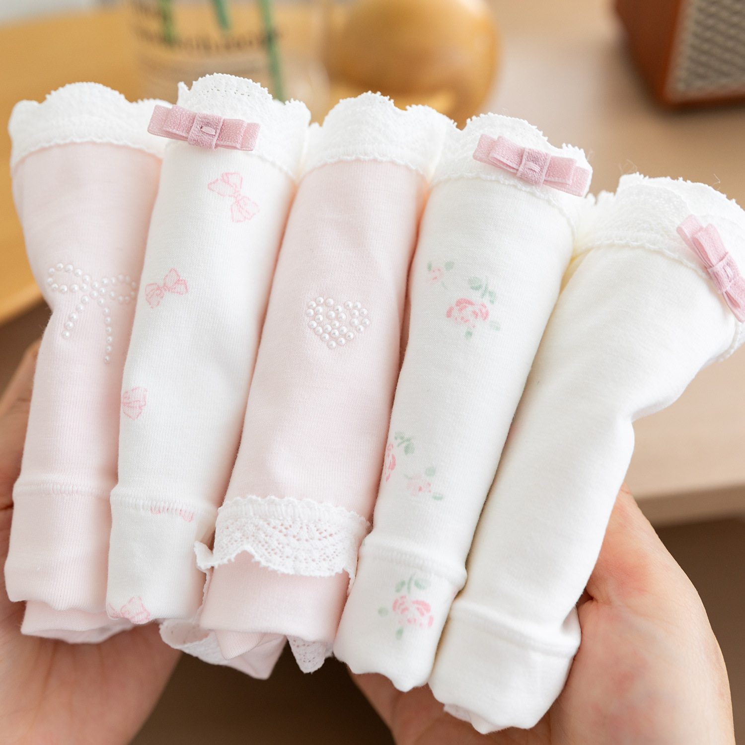 复古少女粉纯欲蕾丝花边10A加长裆纯棉裆少女学生中腰内裤