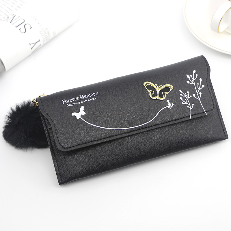 Manufacturer Direct Wholesale Women's Bag Women's Long Wallet Solid Color Fur Ball Bow Clutch Women's Long Wallet Card Holder Coin Purse