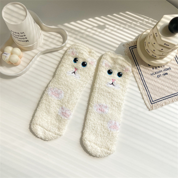 Autumn and Winter New Mid-Calf Cartoon Animal Embroidery Women's Socks Coral Fleece Women's Socks Casual Thickening Warm Sleeping Socks