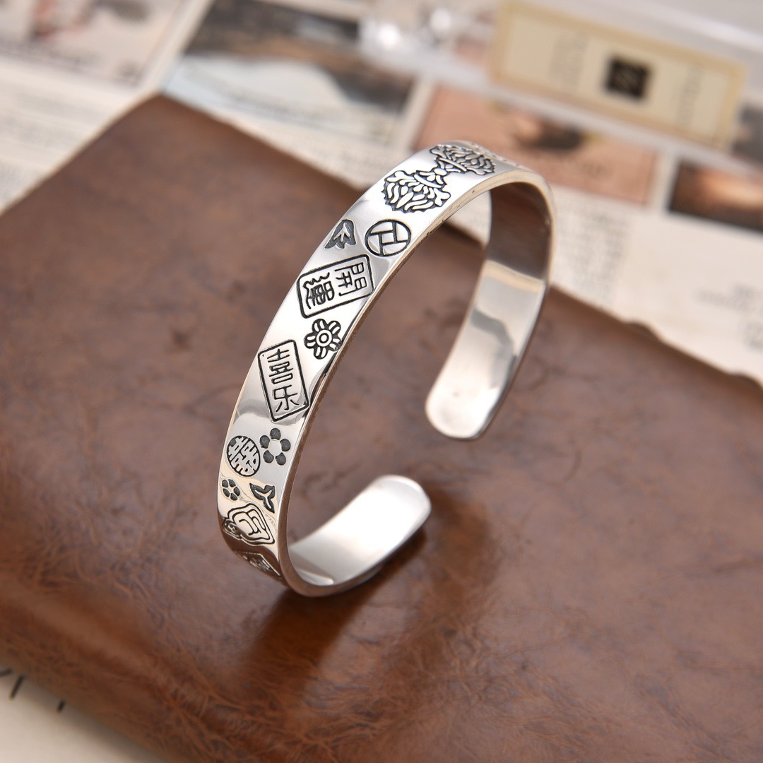 平安喜乐银手镯女s925纯银足银国风复古福字吉言镯子手环女友礼物