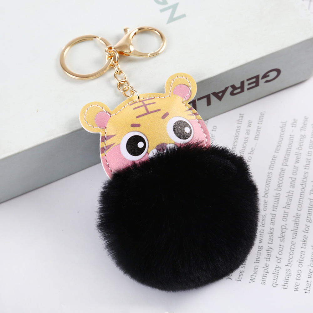 Cross-Border Cartoon Tiger Imitation Rex Rabbit Fur Ball Keychain Women's Bag Bag Charm Tiger Year Plush Pendant Small Gift