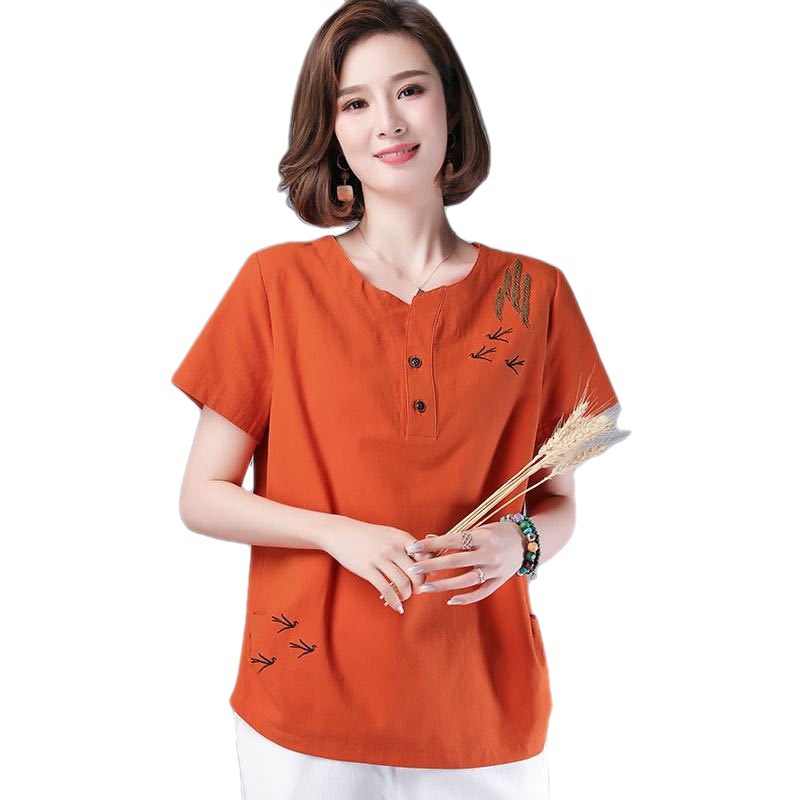 Cotton Art Style Short Sleeve T-shirt Women's Loose 2023 Summer New Embroidered plus Size Middle-Aged Mother's Cotton and Linen Top
