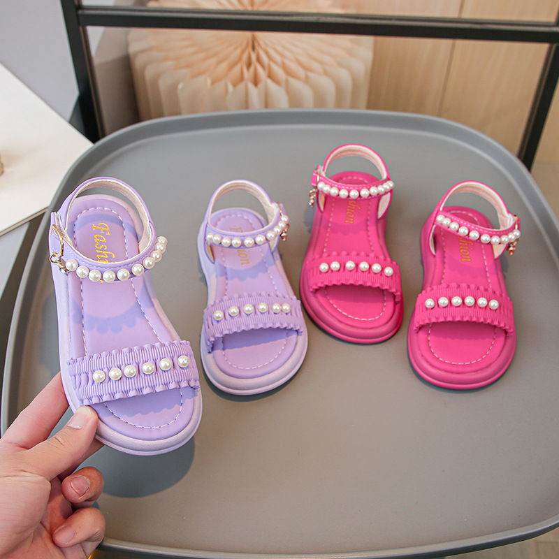 女童凉鞋珍珠一字扣魔术贴露趾凉鞋平底轻便沙滩鞋夏季百搭公主鞋
