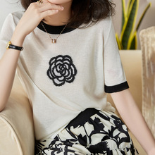 川久专柜同款针织T恤女2022夏季新款玫瑰花刺绣五分袖冰丝衫上衣