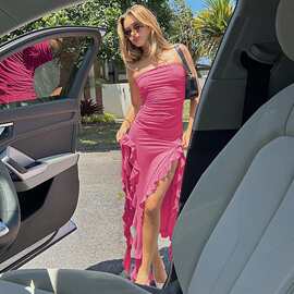 2025欧美风夏季新款跨境爆品一字肩水母花边连衣裙性感辣妹ur女装