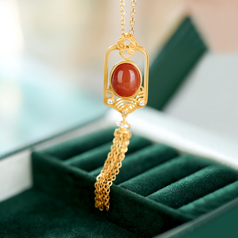 荟宝丽s925银镀金镶嵌南红玛瑙流苏精美优雅吊坠