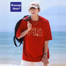 WASSUP美式复古高级涂鸦字母短袖男纯棉T恤夏季潮情侣重磅半截袖