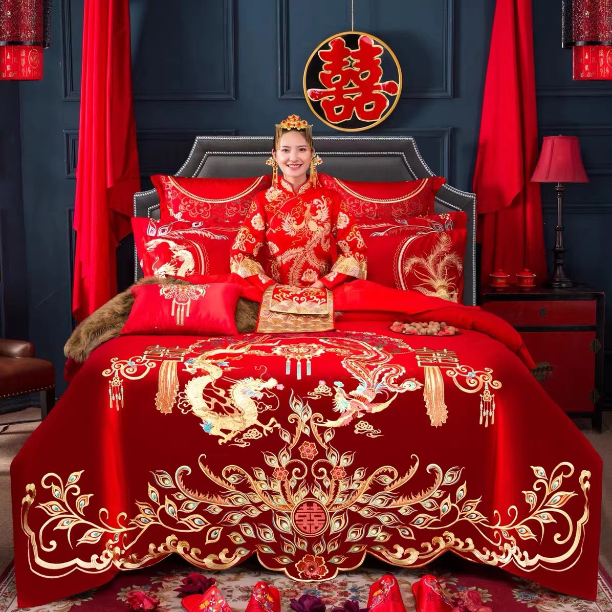 WU1P婚庆四件套婚礼床上用品大红色结婚被套床单纯棉婚房套件