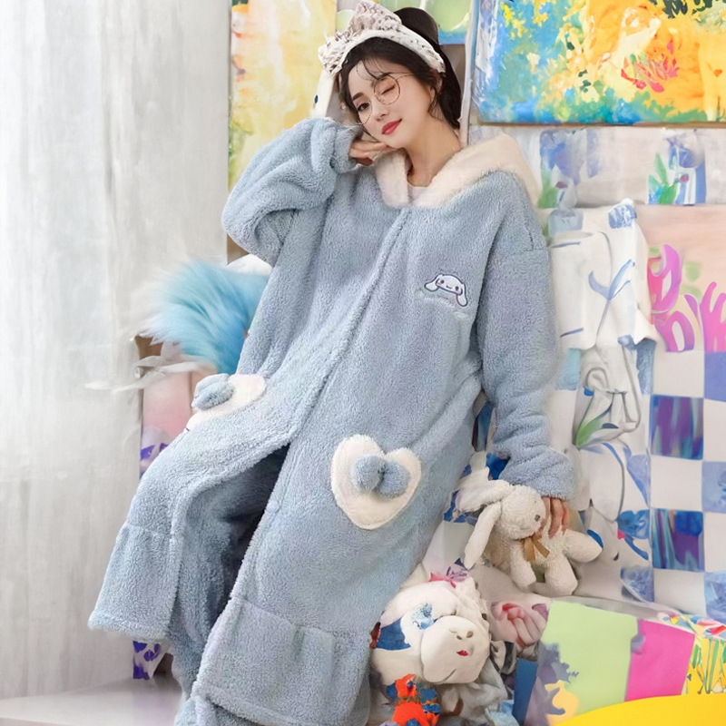 Cute Cartoon Autumn and Winter Hooded Tracksuit Women's Warm Nightgown Lambswool Thickened Pajamas Outerwear Bathrobe