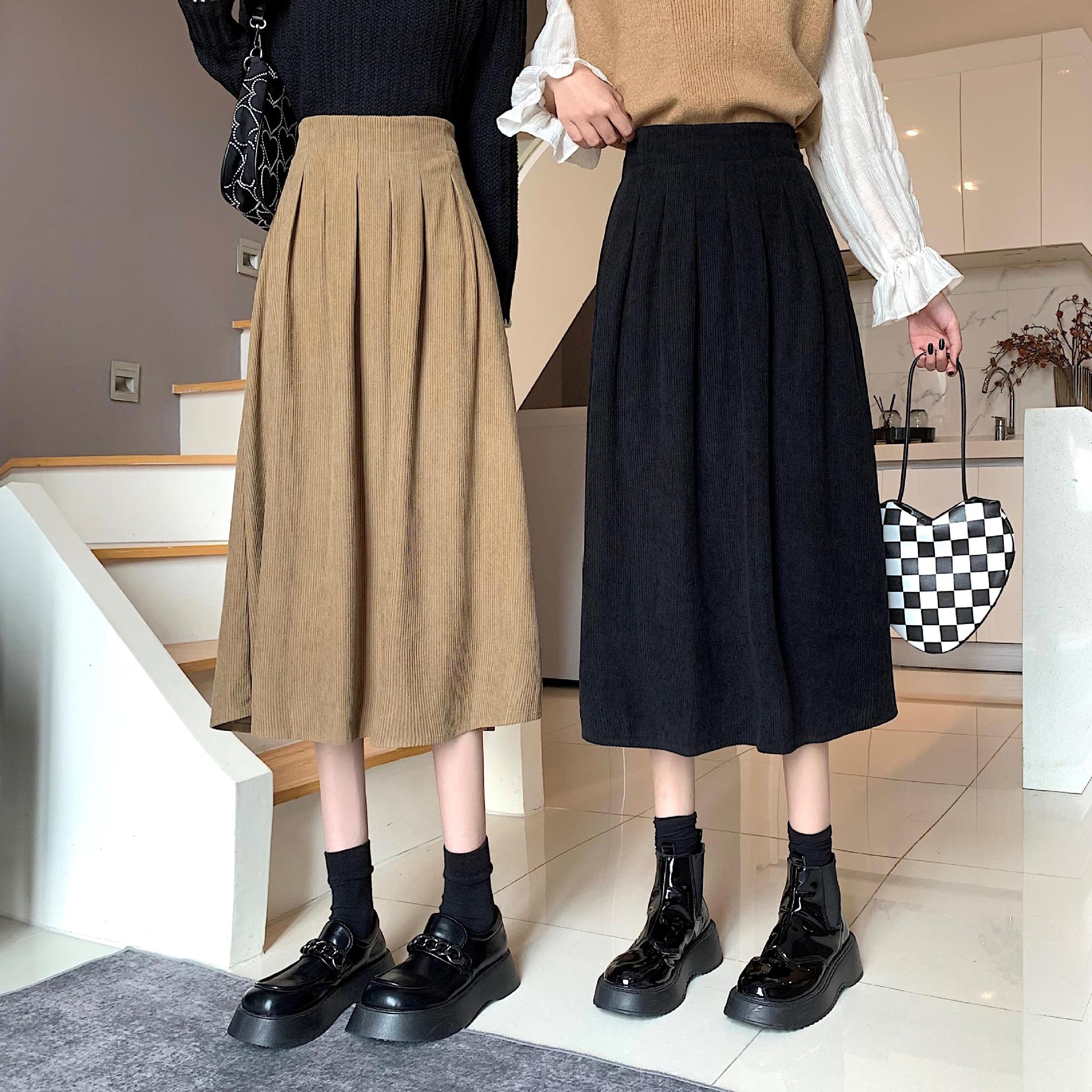 145矮小个子显高搭配女150cm灯芯绒高腰中长款半身裙百褶裙xs码春